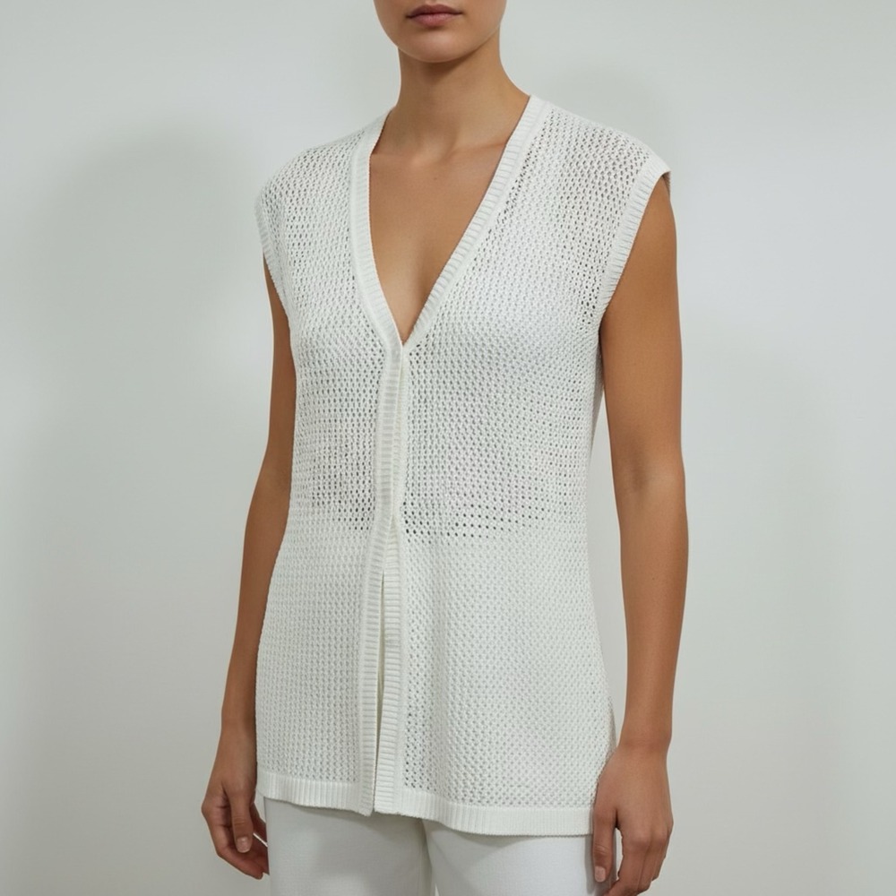 Women's White Cotton Open Knit Sleeveless Cardigan‎ Vest Two Button V Neck